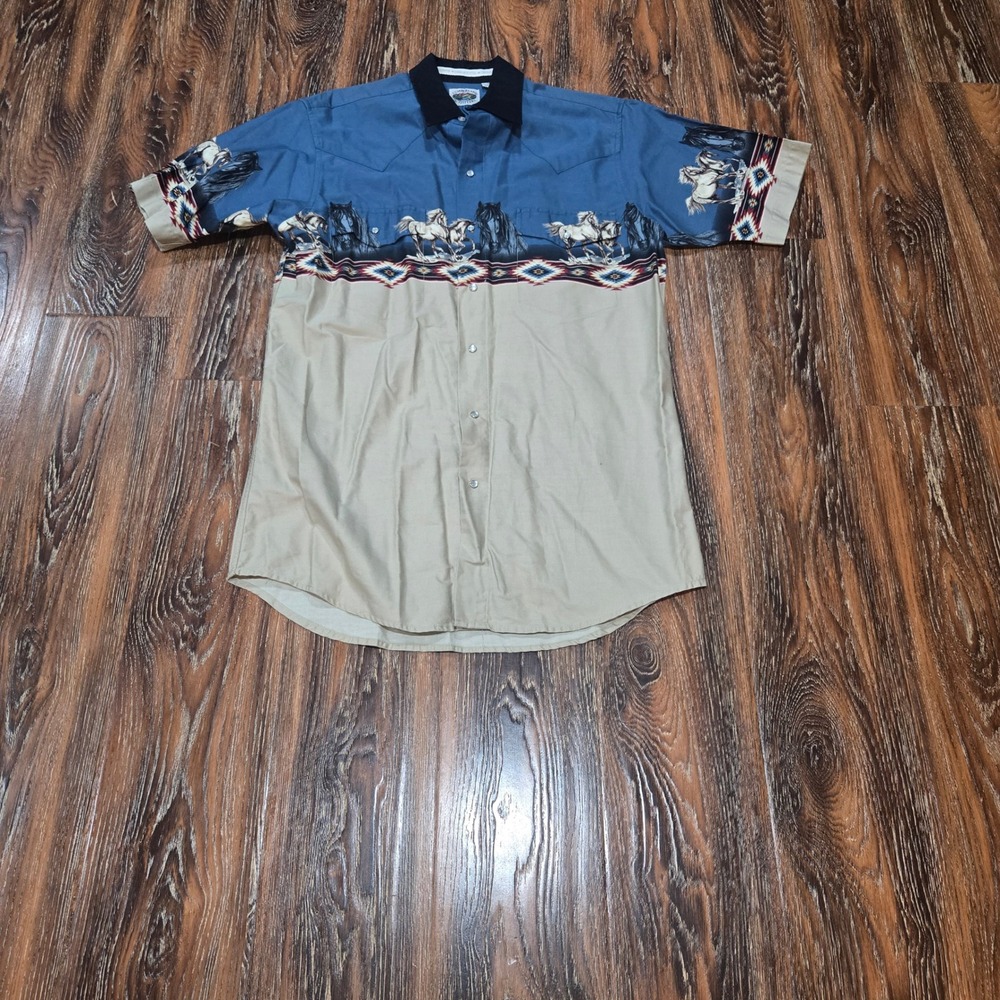 VTG Cumberland Outfitters M Western Shirt Mens Blue Tan Horse Pearl Snap Aztec